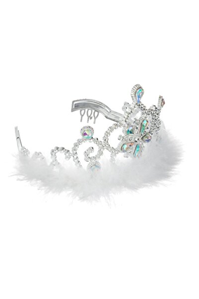 OEM Coronita Par Tiara Argintie cu Pietre Irizate & Pene Albe pentru Copii