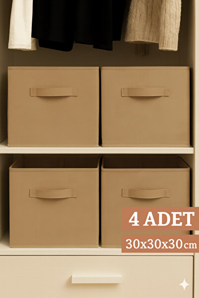 PH Prendi Home 4-Piece Beige Fabric Closet Organizer Box - 30X30X30 cm Foldable Multi-Purpose Storage Box
