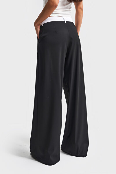 its basic Pantaloni de damă de culoare neagră w5-1 Palazzo Fit din țesătură de viscoză Koton cu detaliu de centură