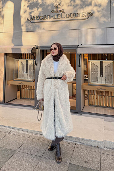 LOCCO Women's Belt Detail Fur Coat Stone