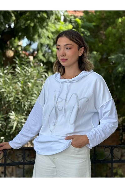 Punta Otantik NC8533C Ιταλικό φούτερ με κουκούλα από βαμβακερό ύφασμα με πέτρες, λευκό