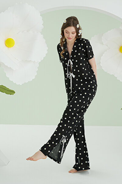 NBB Black Daisy Patterned Front Tie Pajama Set