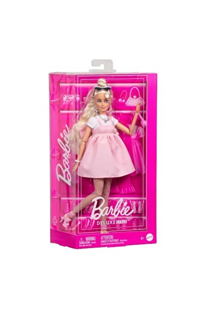 Barbie Păpușă stil Deluxe, rochie pastelată Babydoll, accesorii bijuterii, roz