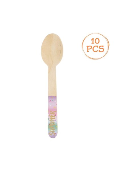 OEM Lingurițe de petrecere din lemn cu design pastelat de înghețată și mesaj „Vară” în folie aurie - 10 buc