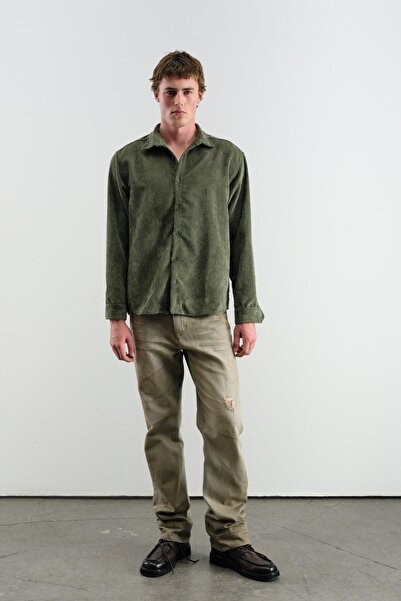 GIESTO Oversize Drapey Velvet Khaki Shirt