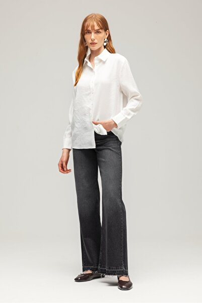 Saade Λευκό γυναικείο κλασικό πουκάμισο με μακρυμάνικο μοντάλ υφαντό πουκάμισο