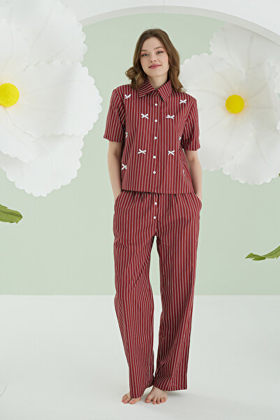 NBB Burgundy Ribbon Front Buttoned Pajama Set