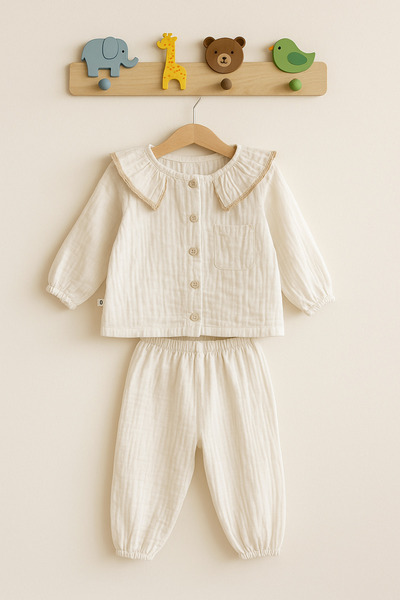 Generic Brand Lace Collared Girls' Muslin Set 100% Cotton Pajamas