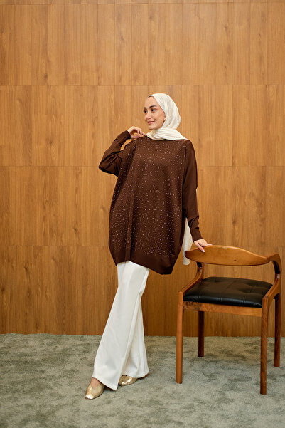 LOCCO Kadın Taş Detay Triko Tunik Kahverengi