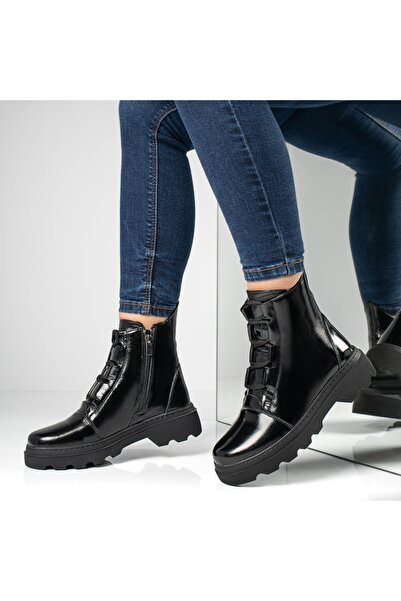 BMoD Ghete negre pentru femei din piele naturală, cu talpă groasă și finisaj ...