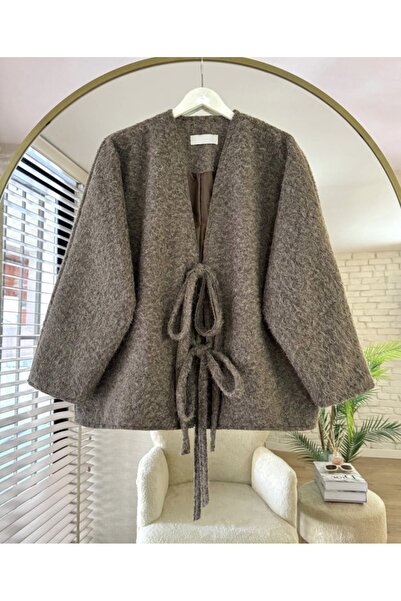 Bahar Altundemir Kadın Kahverengi Bağcıklı Astarlı Oversize Kaşe Panço