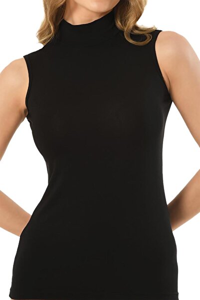 Jiber Women's Black Modal Turtleneck Zero Sleeve Bodysuit 569