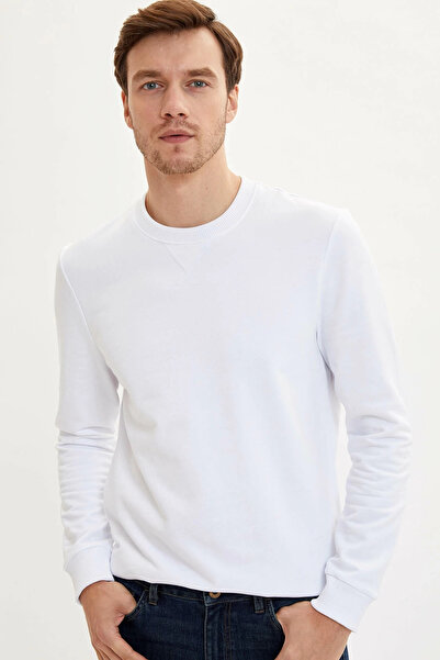 DeFacto Men's White Regular Fit Crew Neck Cotton Long Sleeve Sweatshirt with ...