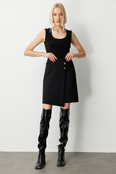 Ekol Asymmetrical Cut Ornamental Buttoned Mini Skirt