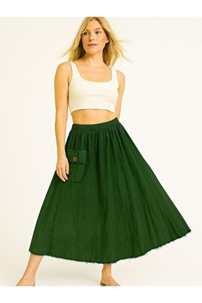 Hanımefendi Butik İtalyan Kadife Cepli Etek - YEŞİL