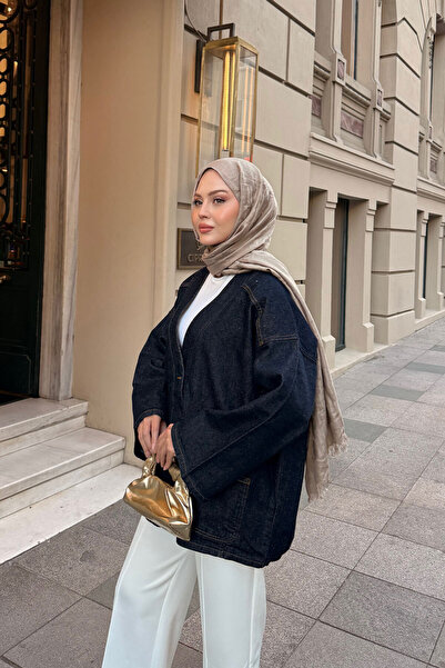 LOCCO Kadın Kruvaze Yaka Kot Ceket Koyu Mavi