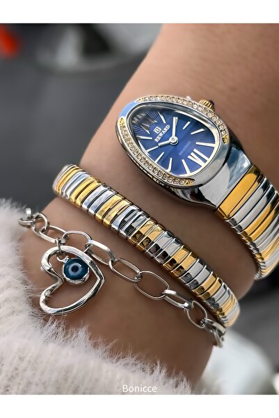 Reward Stone Snake Watch from Thick to Thin Single Tour, Small Case (24 Diameter), 3 Atm Silver Yellow Steel Band