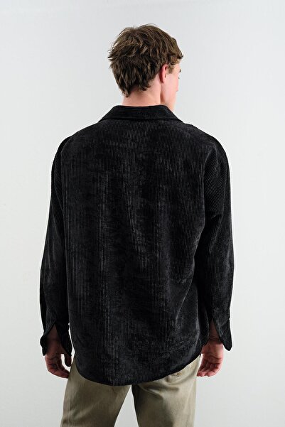 GIESTO OVERSIZE DÖKÜMLÜ KADİFE SİYAH GÖMLEK