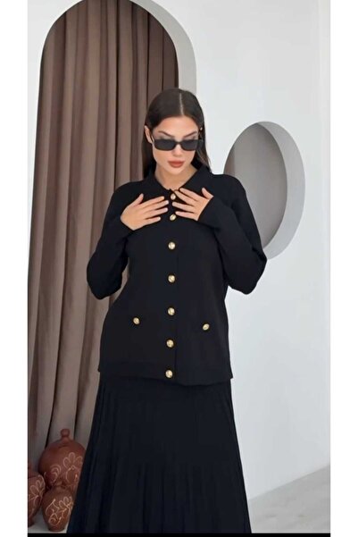 QUAWEAR Shirt Collar Metal Buttoned Cuffed Sleeves Cardigan and Flared Skirt Mercerized Bottom Top Two-Piece Set