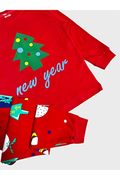 elmas kids Erkek Çocuk %100 Pamuklu Kırmızı Çam Yılbaşı Desenli Uzun Kollu Pijama Takımı