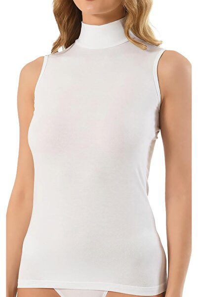 Jiber Women's White Modal Turtleneck Zero Sleeve Bodysuit 569