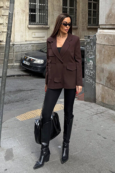 Ortaya Çık Coffee Pocket Design Blazer Jacket