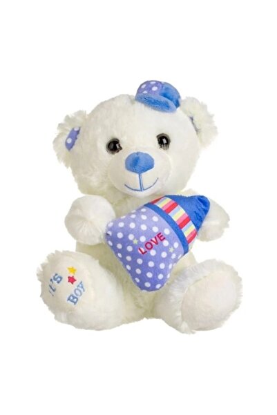OEM Ursuleț de pluș alb și albastru cu pălărie Ciel și sticlă „E băiat” 23 cm
