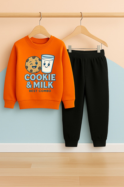 BookOrBook Παιδικό Σετ Αθλητικής Φόρμας | Μπισκότα & Γάλα | 3-12 ετών | 100% βαμβάκι 3 κλωστές Σ επένδυση fleece Χοντρό ύφασμα | Χειμώνας
