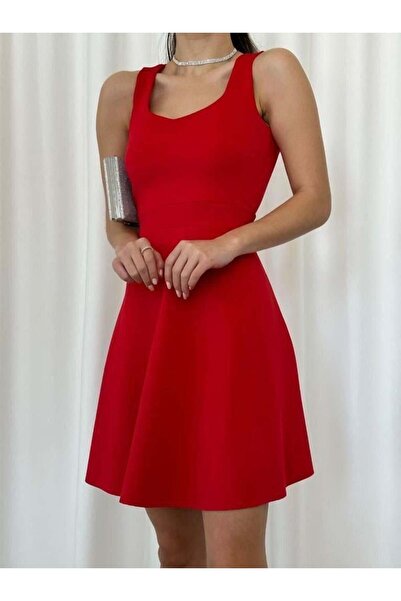 Modafeminen Thick Strap Back Lace Detail Scuba Fabric Dress 5801 Red