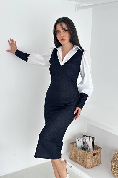 Neşeli Butik rochie midi cu detaliu la gleznă cu guler cămașă pentru femei NB...