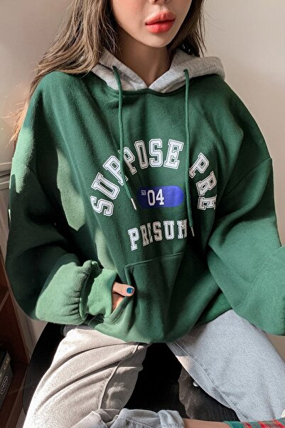 trendypassion Women's Green Suppose Printed Oversize Sweatshirt