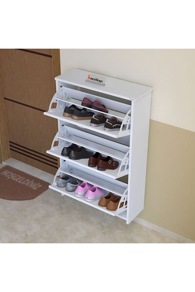 Modilayn MİHRA 72 X 112 X 25,5 cm Düşer Kapaklı 3 Katlı Ayakkabılık -Beyaz