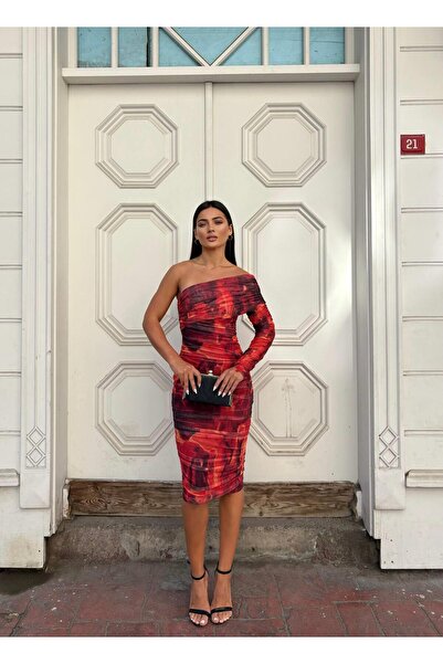 WOWBUTİK Βραδινό φόρεμα με μονό μανίκι από τούλι με επένδυση από τούλι με μοτίβο λύκρα 583326 ΚΟΚΚΙΝΟ