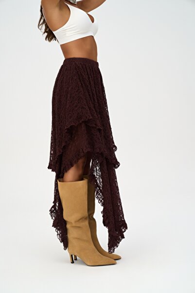 MAI STUDIOS CO. Mireya Асиметрична бордова спідниця з мереживом