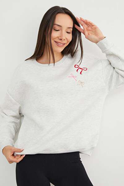 Fulla Moda 3 Thread Bow Embroidered Oversize Sweatshirt
