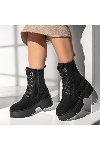 Modlet.ro Women's black suede thick-sole lace-up boots MOD12785