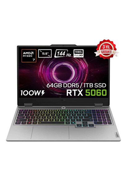 LENOVO LOQ 15AHP10 Ryzen 7-250 64GB DDR5 1TB SSD RTX5060 8GB 100W 15.6 inç FHD 144Hz IPS FDos Laptop