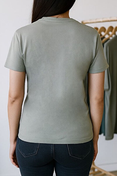 RANDOM Unisex Haki Bisiklet Yaka Baskılı Tişört