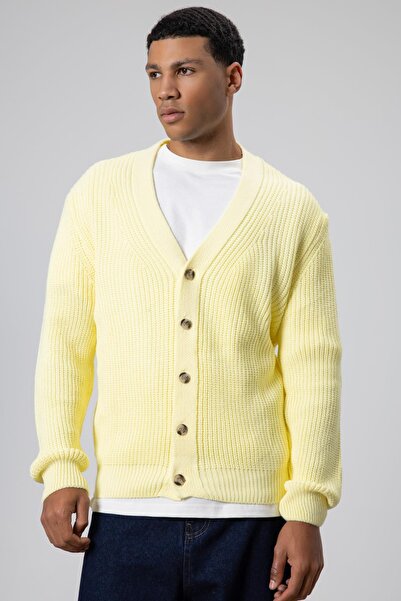 VAMOSCLO V Yaka Düğmeli Örgü Hırka Kazak Sarı