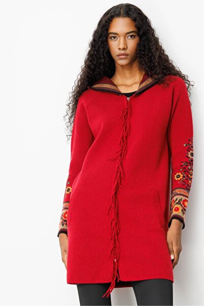 Desen Triko Women's Hooded Kilim Jacquard Tassel Wool Coat Dark Red