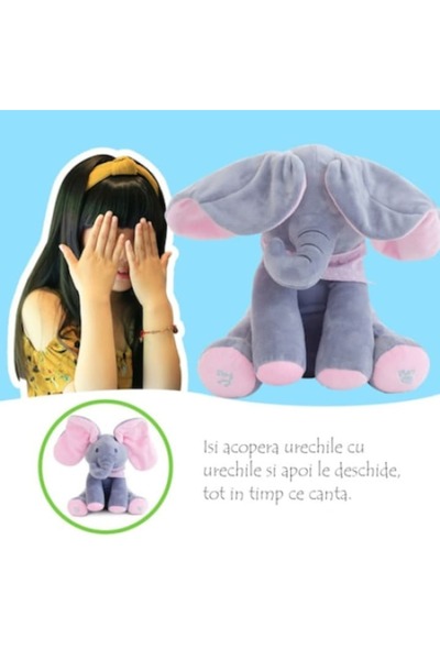 OEM Jucărie interactivă elefant, Peek-a-Boo, cântă și vorbește, 30x15 cm, gri/roz