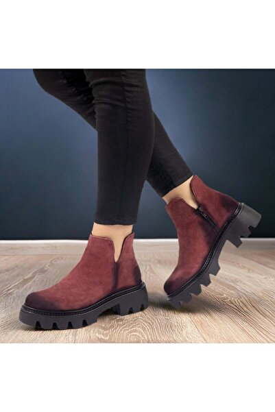 BMoD Ghete scurte de damă din piele naturală bordo cu fermoar MOD10411