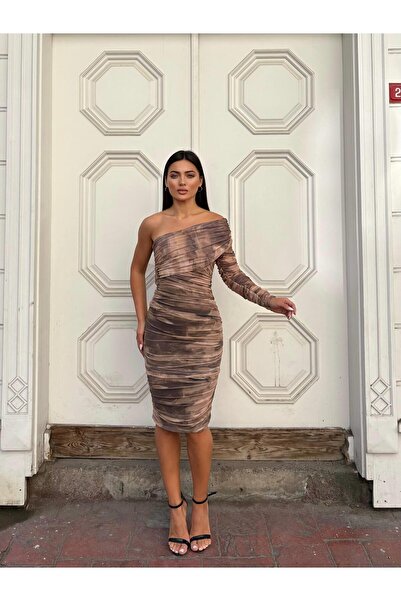 WOWBUTİK Βραδινό φόρεμα με μονό μανίκι από τούλι με επένδυση από τούλι με μοτίβο λύκρα 583326 ΚΑΦΕ