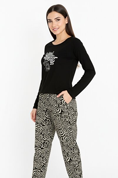Bravie Elite Viscose Long Pajama Set with Six Patterns and Writing on the Top Black 3557