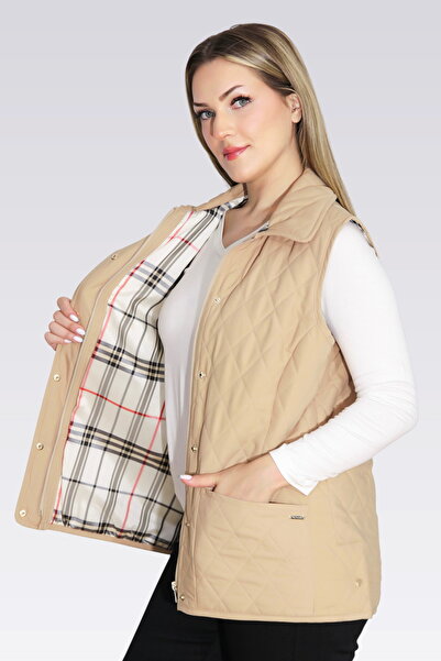TOLGA SARAÇOĞLU 70043 Beige Plaid Lining Detail Lightweight Fiber Quilted Vest