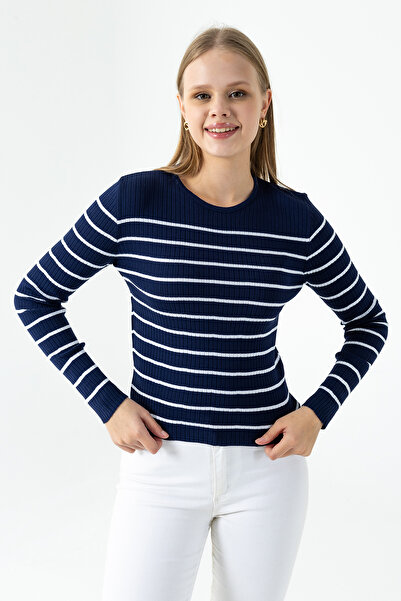 GİYSA Жіночий велосипедний комір у смужку з візерунком Трикотажний боді Синій - 25K 2059