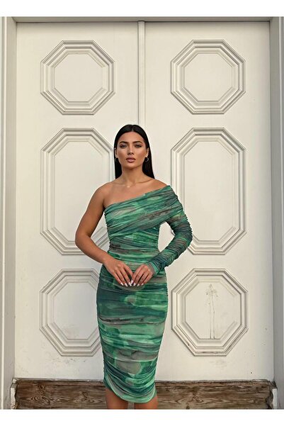 WOWBUTİK Βραδινό φόρεμα με μονό μανίκι από τούλι με επένδυση από τούλι με μοτίβο λύκρα 583326 ZÜMRÜT