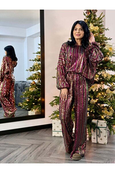 RAMONA BADESCU EXCLUSIVE Women's Two-Piece Suit with Multicolored Sequins and Wide Leg Pants