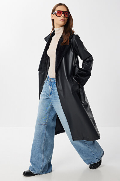 Lovelyİstanbul Fur Collar Long Faux Leather Trench Coat Lgp0028 Black