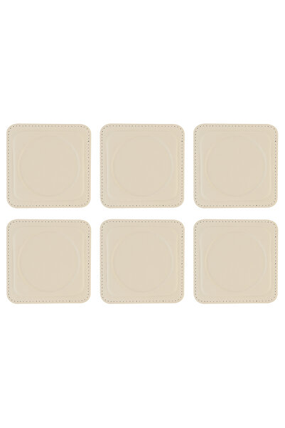 2K Coasters, Set of 6, Desktop Round Cup Coaster, Vegan Faux Leather, 11X11 Cm., Beige